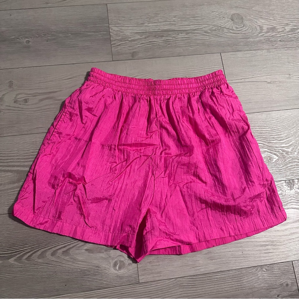 Vintage 80s Vibrant Pink Womens Shorts, Elastic Waist Drawstring with Pockets, L